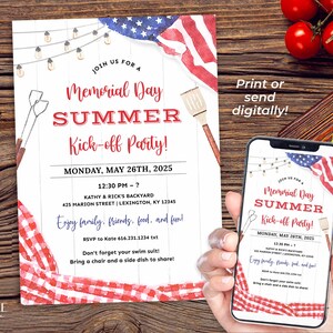 A Memorial Day Party invitation that can be printed or texted to guests. The design has a red, white, and blue American flag in the background along with red checkered picnic gingham. The text on the invitation reads: 'Join us for a Memorial Day Summer Kick-off Party! with Date, Time, and Location. Enjoy family, friends, food, and fun! RSVP info. Don't forget your swim suit! Bring a chair and a side dish to share!' The invitation can be personalized in Corjl.