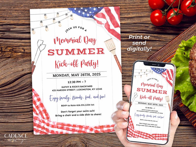A Memorial Day Party invitation that can be printed or texted to guests. The design has a red, white, and blue American flag in the background along with red checkered picnic gingham. The text on the invitation reads: 'Join us for a Memorial Day Summer Kick-off Party! with Date, Time, and Location. Enjoy family, friends, food, and fun! RSVP info. Don't forget your swim suit! Bring a chair and a side dish to share!' The invitation can be personalized in Corjl.
