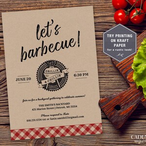 May include: A brown paper invitation with a red and white checked border. The invitation reads "let's barbecue!" with a grill and chillin' logo. The invitation is for a backyard gathering on 20 June at 6:30 PM. The address is 425 Marion Street, Detroit, MI 21354. The text also includes "Try printing on kraft paper for a rustic look!" and "Please respond to Kate 616.231.1234 txt or katie.smith123@gmail.com".