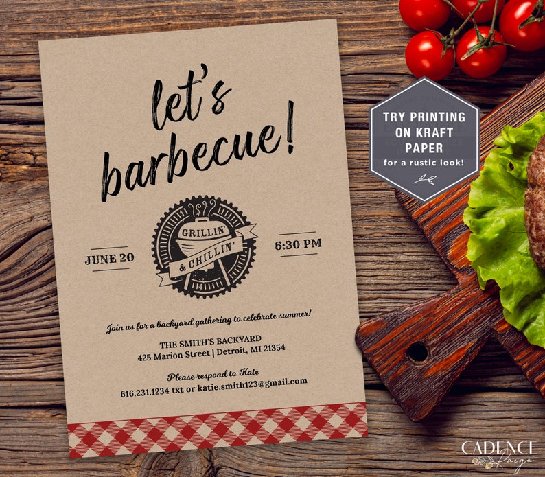 May include: A brown paper invitation with a red and white checked border. The invitation reads "let's barbecue!" with a grill and chillin' logo. The invitation is for a backyard gathering on 20 June at 6:30 PM. The address is 425 Marion Street, Detroit, MI 21354. The text also includes "Try printing on kraft paper for a rustic look!" and "Please respond to Kate 616.231.1234 txt or katie.smith123@gmail.com".