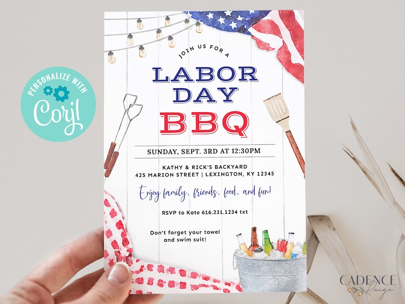May include: A watercolour-style invitation for a Labour Day BBQ. The invitation features a red, white and blue American flag, a grill, and a cooler with drinks. The text on the invitation reads "Join us for a Labour Day BBQ", "Sunday, Sept. 3rd at 12:30PM", "Kathy & Rick's Backyard", "425 Marion Street | Lexington, KY 12345", "Enjoy family, friends, food, and fun!" and "RSVP to Kate 616.231.1234 txt".