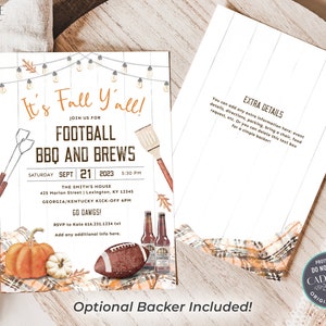 May include: A printable invitation for a football tailgate party with a fall theme. The invitation features a white wood background with a brown plaid pattern, a football, a pumpkin, and a bottle of beer. The text on the invitation reads "It's Fall Y'all!" and "Football BBQ and Brews".
