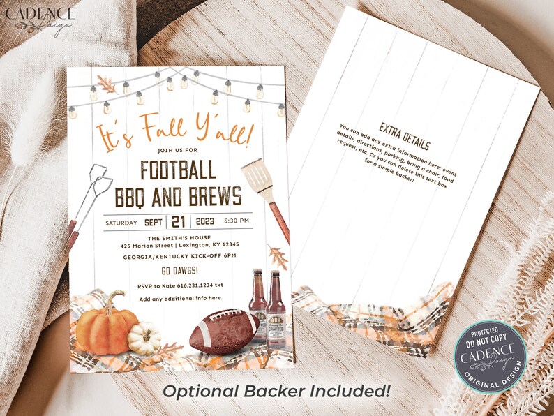 May include: A printable invitation for a football tailgate party with a fall theme. The invitation features a white wood background with a brown plaid pattern, a football, a pumpkin, and a bottle of beer. The text on the invitation reads "It's Fall Y'all!" and "Football BBQ and Brews".