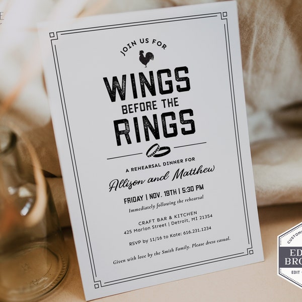 Casual Rehearsal Dinner Invitation, Fun rehearsal dinner Party, bachelor party invitation, beer and wings, before the rings, Printable Corjl