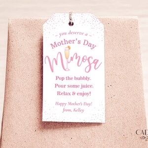 Pu&ograve; includere: Etichetta regalo rosa con pois bianchi e il testo "you deserve a Mother's Day Mimosa" con un'illustrazione rosa di una bevanda mimosa. L'etichetta include anche il testo "Pop the bubbly. Pour some juice. Relax & enjoy! Happy Mother's Day! from, Kelley"