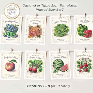 Fresh Off the Market Bridal Shower Banner featuring 18 unique 5x7 hanging signs, each adorned with vibrant fruit and vegetable illustrations and clever love-themed puns. Perfect for adding a fresh, rustic feel to your bridal shower, bachelorette party, or engagement celebration! Hang them all together as a statement piece or scatter them around the venue for a playful touch. Whether displayed indoors or outdoors, this bunting brings a pop of color and a dash of wit to your special day!