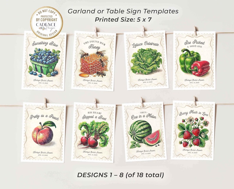 Fresh Off the Market Bridal Shower Banner featuring 18 unique 5x7 hanging signs, each adorned with vibrant fruit and vegetable illustrations and clever love-themed puns. Perfect for adding a fresh, rustic feel to your bridal shower, bachelorette party, or engagement celebration! Hang them all together as a statement piece or scatter them around the venue for a playful touch. Whether displayed indoors or outdoors, this bunting brings a pop of color and a dash of wit to your special day!