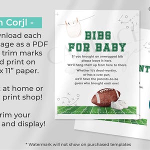 Może przedstawiać: Znak gry na baby shower z napisem "BIBS FOR BABY" w kolorze zielonym i białym. Znak zawiera piłkę nożną i grafikę pola. Znak jest przeznaczony do druku na papierze A4 (21 x 29,7 cm).