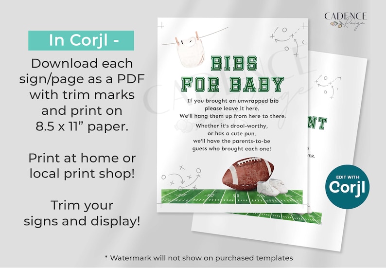 Może przedstawiać: Znak gry na baby shower z napisem "BIBS FOR BABY" w kolorze zielonym i białym. Znak zawiera piłkę nożną i grafikę pola. Znak jest przeznaczony do druku na papierze A4 (21 x 29,7 cm).