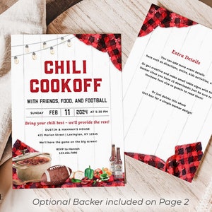 May include: A red and white checkered invitation for a chili cookoff with friends, food, and football. The invitation includes the date, time, and location of the event. It also includes a watercolor illustration of a pot of chili, a football, and other food items.