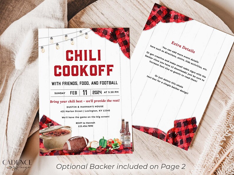 May include: A red and white checkered invitation for a chili cookoff with friends, food, and football. The invitation includes the date, time, and location of the event. It also includes a watercolor illustration of a pot of chili, a football, and other food items.