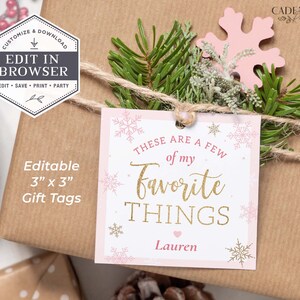 Favorite Things Gift Tag, Pink Favorite Things Gift Tag, Printable Square Gift Tags, Winter Pink Snowflakes, Customizable, DIY, EDITABLE