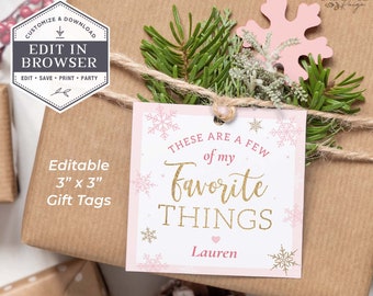 Favorite Things Gift Tag, Pink Favorite Things Gift Tag, Printable Square Gift Tags, Winter Pink Snowflakes, Customizable, DIY, EDITABLE