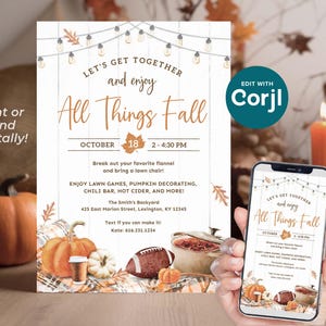 All Things Fall Invitation, Digital Fall Harvest Party Invitation, Neighborhood Fall Party Invite, Fall Celebration, DIY Printable Corjl