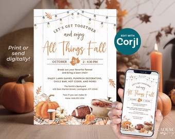 All Things Fall Invitation, Digital Fall Harvest Party Invitation, Neighborhood Fall Party Invite, Fall Celebration, DIY Printable Corjl