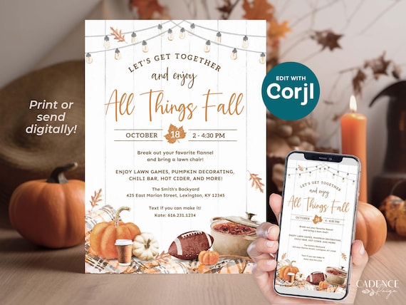 All Things Fall Invitation, Digital Fall Harvest Party Invitation, Neighborhood Fall Party Invite, Fall Celebration, DIY Printable Corjl
