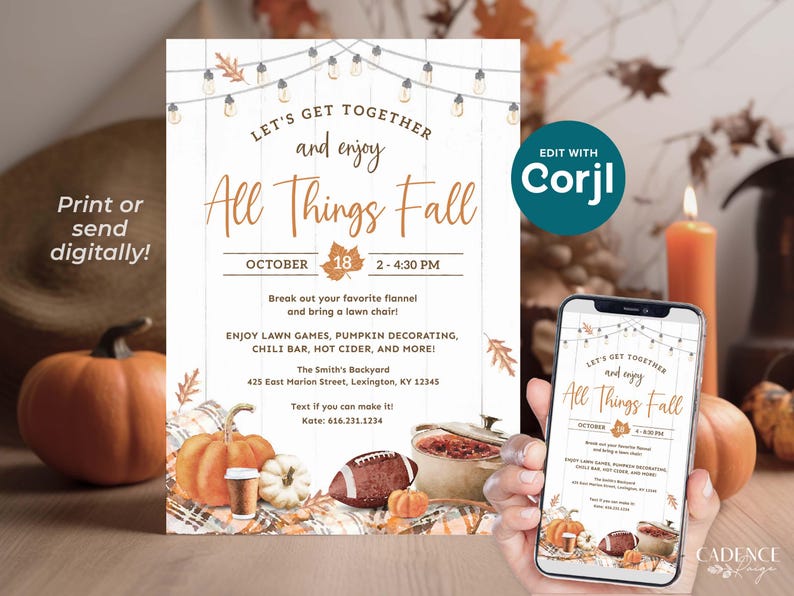 Fall themed party invitation with a rustic wood background and string lights. The invitation reads 'Let's Get Together and Enjoy All Things Fall' with the date 'October 18, 2-4:30 PM'. The invitation also includes details about the party, such as the location, RSVP information, and a list of activities. The invitation is decorated with fall-themed illustrations, such as pumpkins, leaves, and a football.