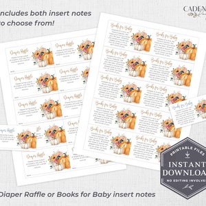 May include: Printable baby shower insert cards with an autumnal theme. The cards feature a watercolour illustration of pumpkins, flowers, and leaves in shades of orange, yellow, and brown. The text on the cards reads "Diaper Raffle" and "Books for Baby".