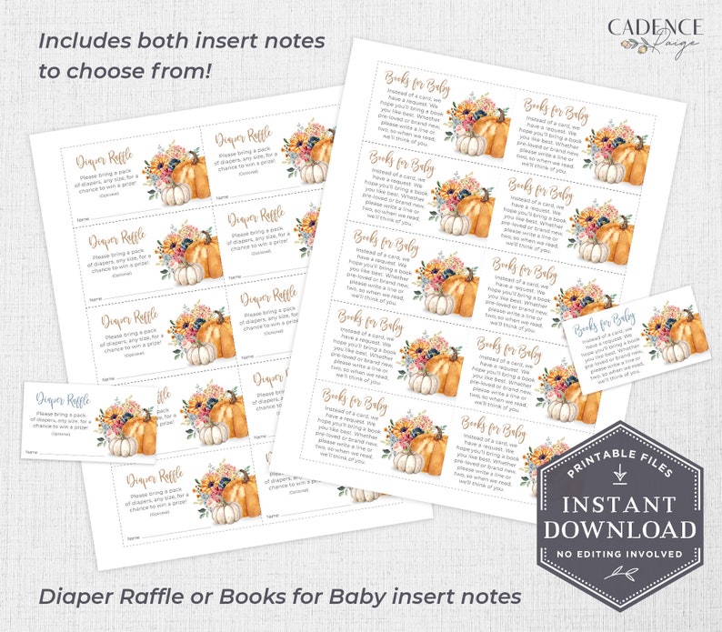 May include: Printable baby shower insert cards with an autumnal theme. The cards feature a watercolour illustration of pumpkins, flowers, and leaves in shades of orange, yellow, and brown. The text on the cards reads "Diaper Raffle" and "Books for Baby".