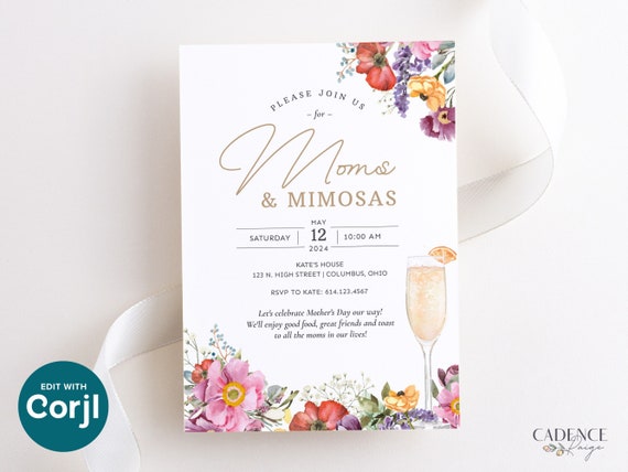 Mother's Day Brunch Invitation, Mom Brunch, Moms and Mimosas, Mother's Day Brunch to Send Digitally, with Spring Flowers, Printable DIY, W3
