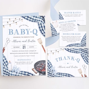 May include: A blue and white gingham baby shower invitation with a barbecue theme. The invitation reads "Join us for a Baby-Q honouring the parents-to-be Allison and Dustin" and includes a date, time, and location. The invitation also includes a diaper raffle and a request for books for baby.