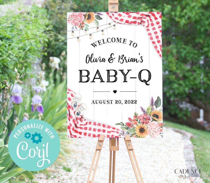 Red BabyQ Welcome Sign, Baby-Q Shower Sign, BBQ Baby Shower Sign, Barbecue Baby Shower Poster, Coed Baby Shower Sign, Printable, Corjl, BQR image 1