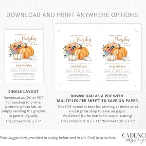 May include: Printable baby shower invitation featuring a watercolour illustration of a pumpkin with autumn foliage and the text "A Sweet Little Pumpkin is on the Way". The invitation includes the date, time, and location of the event. The invitation is available in two sizes: 5x7 inches and 8.5x11 inches.