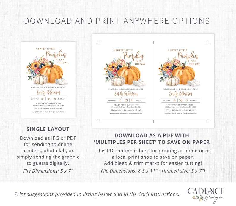 May include: Printable baby shower invitation featuring a watercolour illustration of a pumpkin with autumn foliage and the text "A Sweet Little Pumpkin is on the Way". The invitation includes the date, time, and location of the event. The invitation is available in two sizes: 5x7 inches and 8.5x11 inches.
