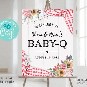 May include: A white welcome sign with a red and white checkered pattern, floral accents, and the text "Welcome to Olivia & Brian's Baby-Q August 20, 2022".