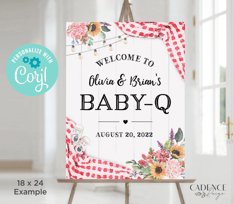 May include: A white welcome sign with a red and white checkered pattern, floral accents, and the text "Welcome to Olivia & Brian's Baby-Q August 20, 2022".