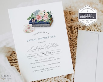 Bridal Shower Tea Party Invitation, Bridal Tea Invite, Tea with the Bride, Book Themed Bridal Shower, Vintage Books, Printable, Corjl, BST
