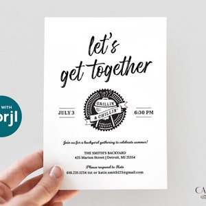 May include: A black and white invitation card with the text "let's get together" and a grill and chillin' logo. The invitation is for a backyard gathering on 3rd July at 6:30 PM. The address is 425 Marion Street, Detroit, MI 21354. The contact information is 616.231.1234 or katie smith123@gmail.com.