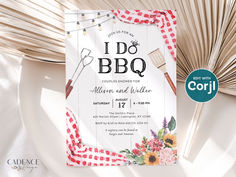 I Do BBQ invitation for a summer couples shower or coed wedding shower. The design has red BBQ gingham and fresh cut flower with romantic string lights draped in the background.
