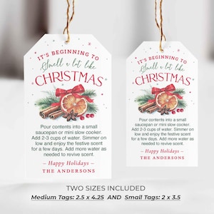 Puede incluir: Dos etiquetas de regalo navide&ntilde;as blancas con hilo marr&oacute;n. Las etiquetas presentan el texto "It's beginning to smell a lot like Christmas" con ilustraciones de palitos de canela, una rodaja de naranja y un lazo rojo. Las etiquetas miden 6,35 x 10,8 cm y 5,08 x 8,89 cm.