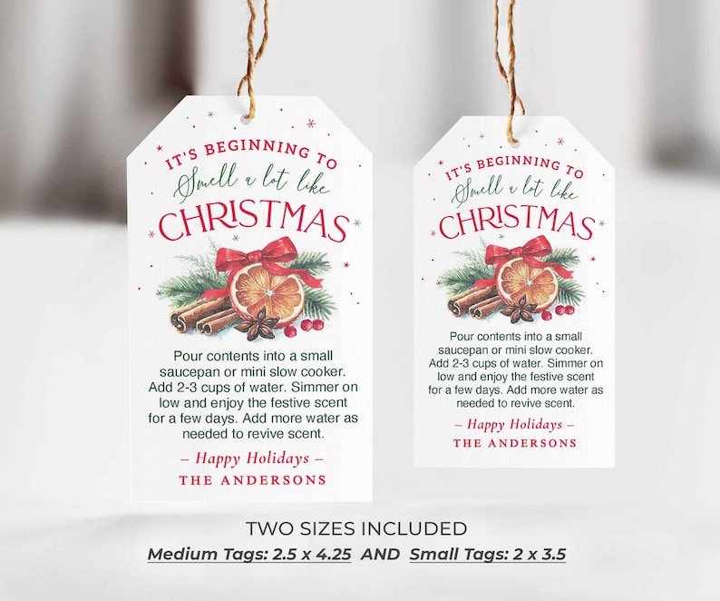 Puede incluir: Dos etiquetas de regalo navide&ntilde;as blancas con hilo marr&oacute;n. Las etiquetas presentan el texto "It's beginning to smell a lot like Christmas" con ilustraciones de palitos de canela, una rodaja de naranja y un lazo rojo. Las etiquetas miden 6,35 x 10,8 cm y 5,08 x 8,89 cm.