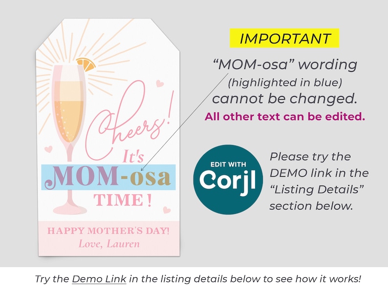 May include: A pink and gold printable gift tag with a champagne glass and the text "Cheers! It's MOM-osa TIME!"  Happy Mother's Day! Love, Lauren.  The text "MOM-osa" is highlighted in blue.