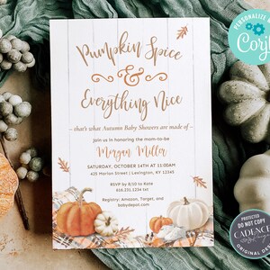 May include: An invitation for a baby shower with the text "Pumpkin Spice & Everything Nice." The design features pumpkins, fall leaves, and a plaid pattern. The invitation includes the date, time, location, and RSVP information.