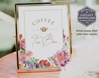 8 x 10 コーヒー＆ティー バー サイン、ティー パーティー コーヒー＆ティー ステーション サイン、印刷可能なコーヒー＆ティー バー サイン、ボヘミアン ワイルドフラワー デコレーション、PDF、W3