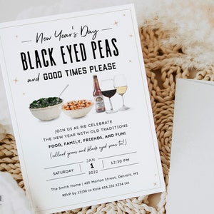 New Year&#39;s Day Invitation, New Year&#39;s Day Dinner Invite, New Years Day Supper, Black Eyed Peas, New Years Traditions, Printable Corjl, NY