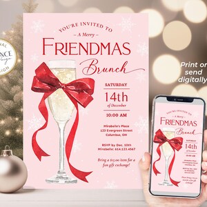 This Friendmas Party invitation features a big red bow tied around a glass of bubbly, perfect for a preppy holiday brunch or prosecco party with friends! It says "You're Invited to a Merry Friendmas Brunch" against a snowy pink background.