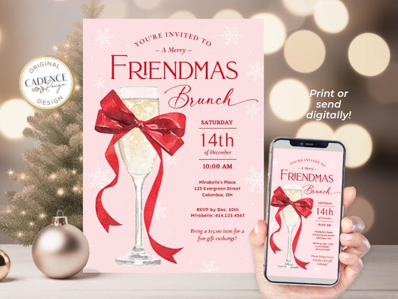 Preppy Friendmas Invitation with Bow, Holiday Brunch Invite with Red Bow, Pink and Red Holiday Party, Digital Evite Printable
