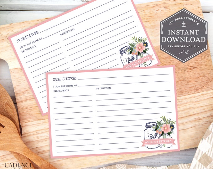 Printable Mason Jar Recipe Cards for a Bridal Wedding Shower Vertical ...