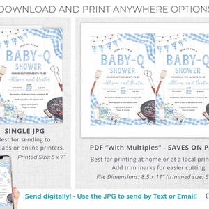 K&ouml;nnte beinhalten: Eine blaue und wei&szlig;e Babyparty-Einladung mit einem Grill-Thema. Die Einladung zeigt einen Grill, einen Spatel und eine blau-wei&szlig; karierte Tischdecke. Der Text auf der Einladung lautet "Join us for a Baby-Q Shower" und enth&auml;lt die Namen "Allison and Dustin".