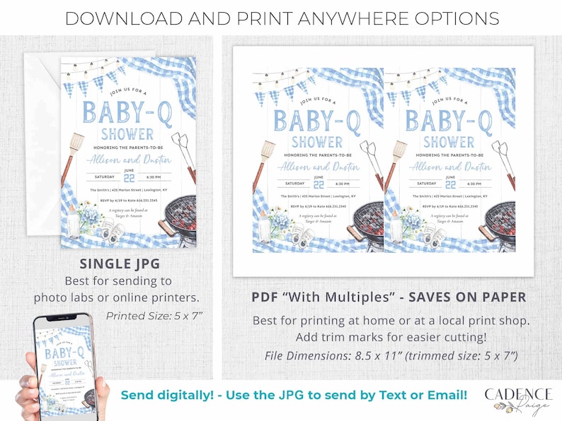 K&ouml;nnte beinhalten: Eine blaue und wei&szlig;e Babyparty-Einladung mit einem Grill-Thema. Die Einladung zeigt einen Grill, einen Spatel und eine blau-wei&szlig; karierte Tischdecke. Der Text auf der Einladung lautet "Join us for a Baby-Q Shower" und enth&auml;lt die Namen "Allison and Dustin".