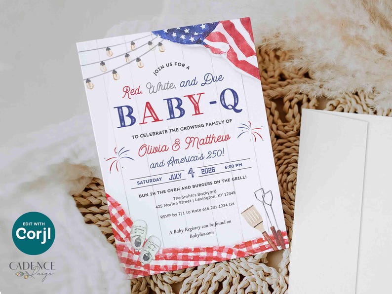 May include: A patriotic baby shower invitation with a red, white, and blue theme. The invitation features the text "Red, White, and Due BABY-Q" and includes details for the event, such as the date, time, and location. The design incorporates an American flag and barbecue-themed graphics.