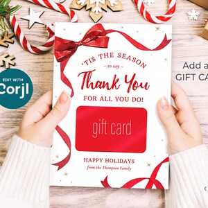 These printable Christmas Gift Cards holders feature the words Tis The Season To Say Thank You with a festive red ribbon border. Add gift cards and give to teachers, postman, employees, staff, volunteers - anyone you want to wish happy holidays!