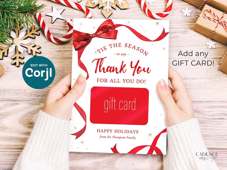 These printable Christmas Gift Cards holders feature the words Tis The Season To Say Thank You with a festive red ribbon border. Add gift cards and give to teachers, postman, employees, staff, volunteers - anyone you want to wish happy holidays!