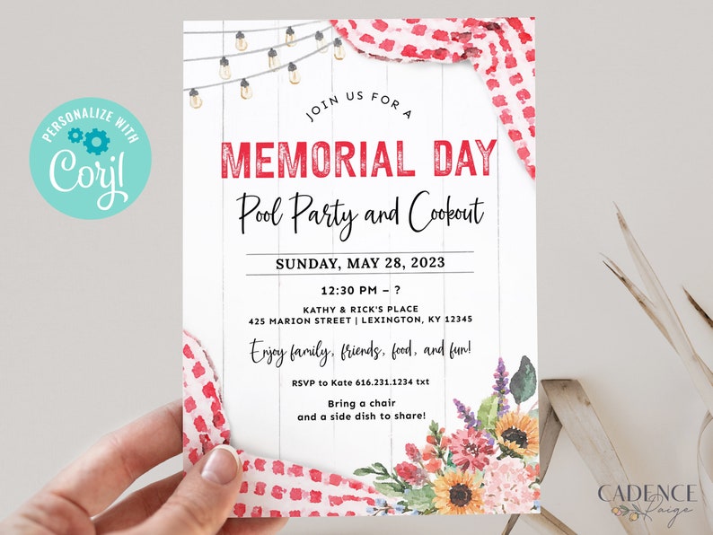 May include: A white invitation with red and white gingham pattern and a floral design. The invitation is for a Memorial Day pool party and cookout on Sunday, May 28, 2023, at 12:30 PM. The address is 425 Marion Street, Lexington, KY 12345. The invitation asks guests to bring a chair and a side dish to share.