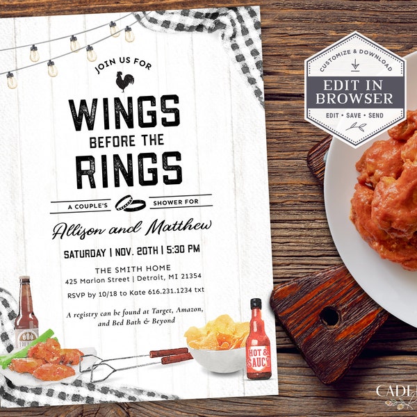 Hot Wings Couples Shower Invitation, Wing Night, Casual Rehearsal Dinner Invite, Chicken Wings, Hot Wings, Buffalo Wings, Printable Corjl