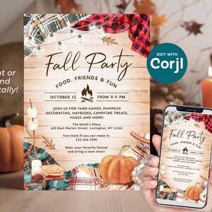 Fall Harvest Party invitation that features a rustic wood background with different colors of cozy flannels draped in each corner, along with twinkling string lights, pumpkins, and s'mores. The invite says "Fall Party" in bold script in the center.